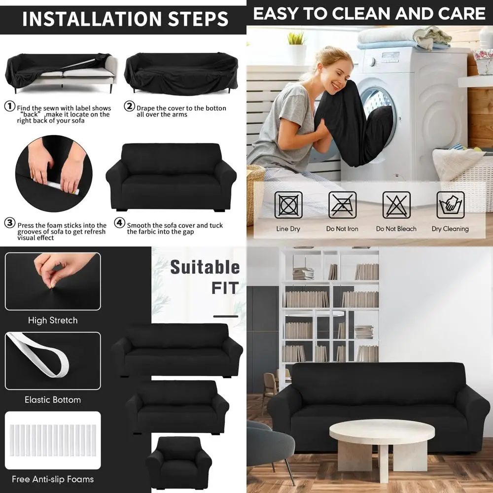 

Формирующий комплект эластичных чехлов для дивана, двухместного сиденья и кресла — черный молочный шелковый спандекс, устойчивый к морщинам и пятнам