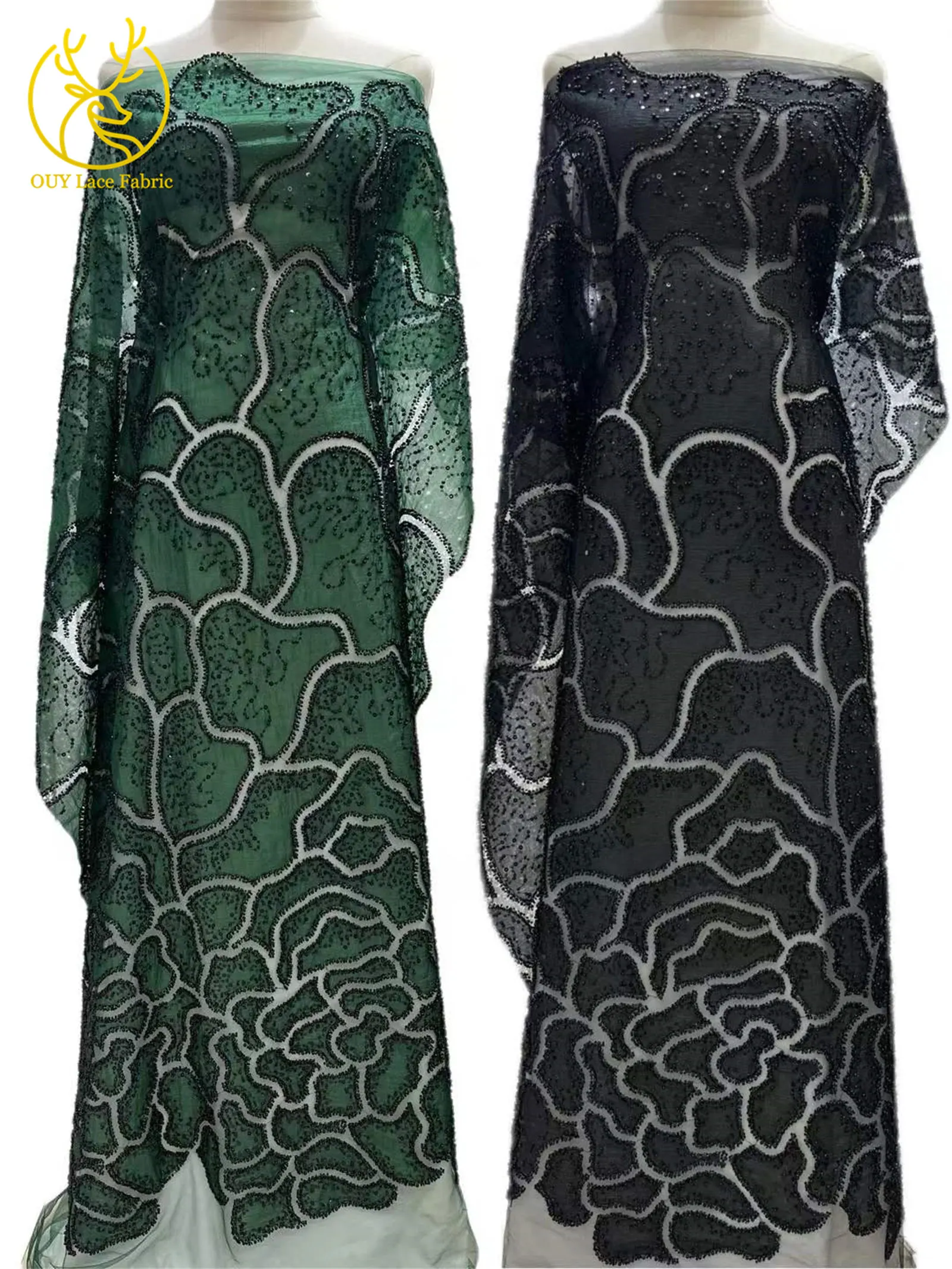 高級ナイジェリア産アフリカビーズレース生地2025高品質フランススパンコール刺繍レース生地、婦人服縫製用