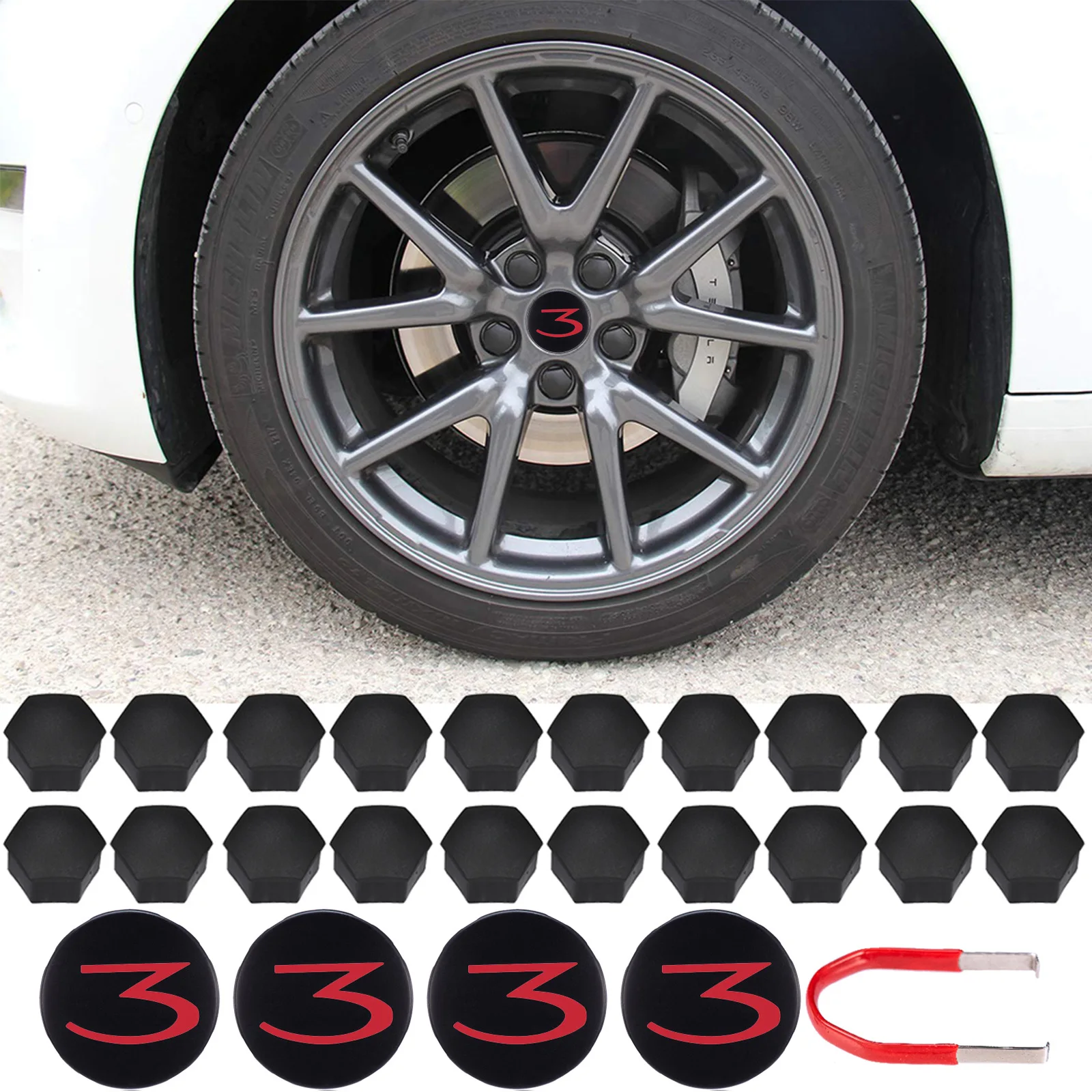 For Tesla Model 3 Wheel Cap Kit Center Cap Hub Lug Nut Cover Black Red with 4 Center Cap 20 Lug Nut Cover For Model3