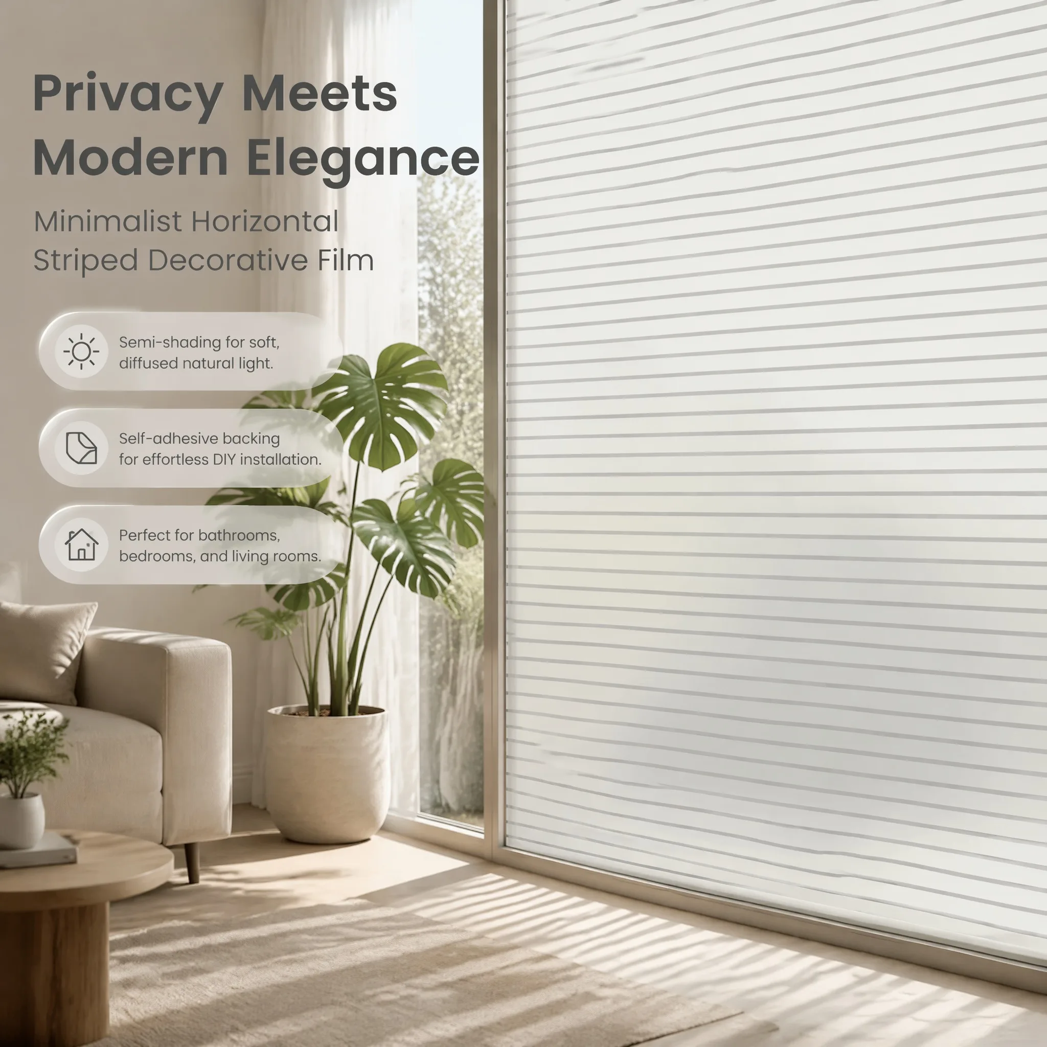 Waterproof Self-Adhesive Horizontal Striped Frosted Window Film Anti-UV Removable No Residue Semi-Opaque Glass Sticker