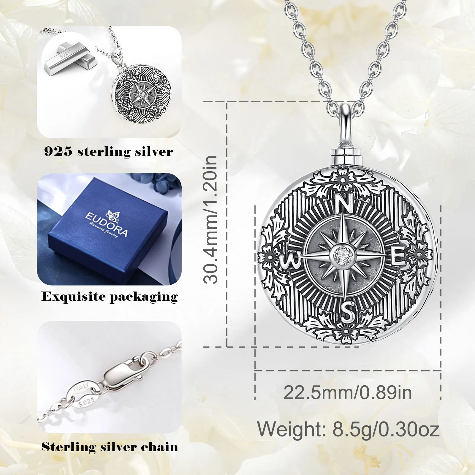 Eudora 925 Sterling Silver Compass Ashes Urn Pendant Necklace Vintage Flower Star Cremation Urn Memorial Jewelry Gift for Women