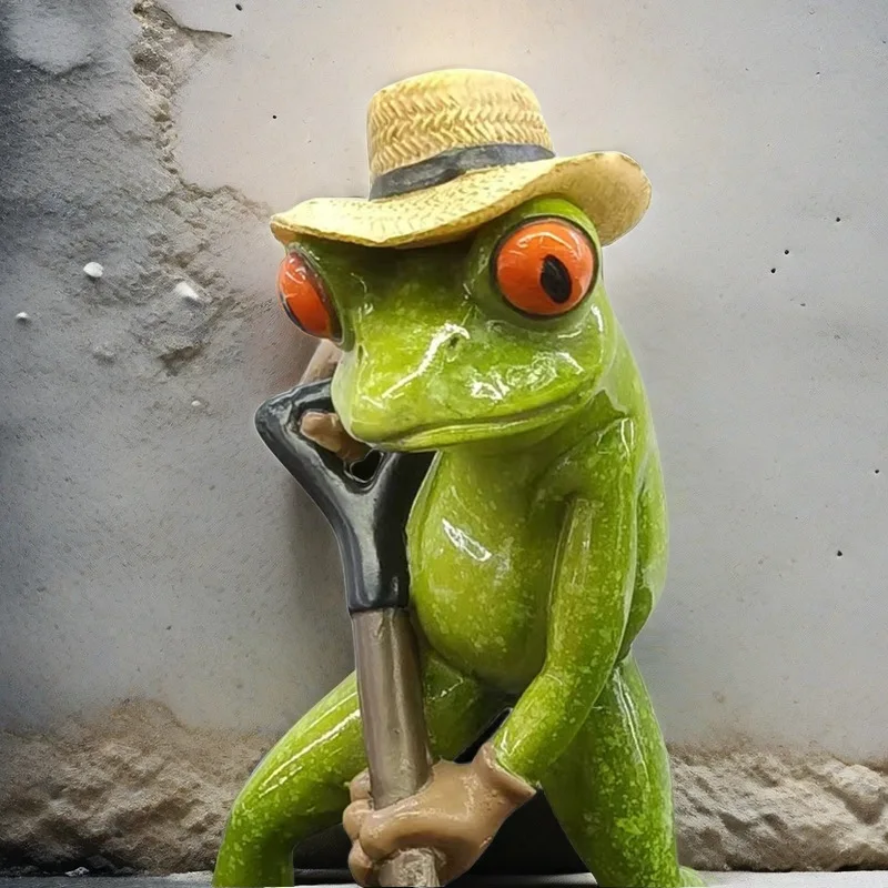Funny Shovel Frog Sculpture Garden Potted Plant Decoration Accessories Resin Animal Figurines Cute Frog Statue Home Decoration
