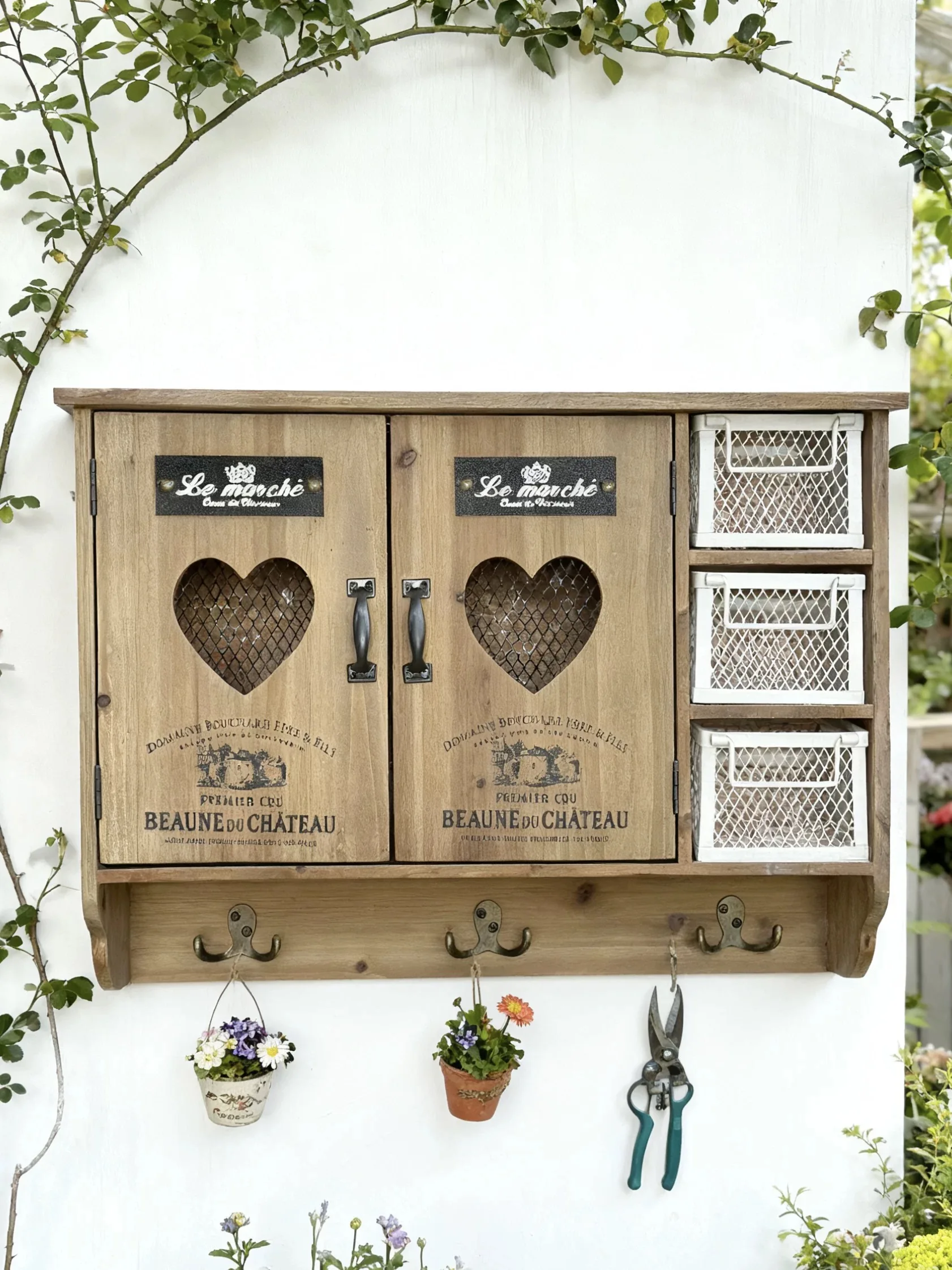 Rustic Wall Cabinet with Heart Cutout Doors, Natural Wood with White Drawers, 3 Drawers and 2 Doors, Farmhouse Style with Metal