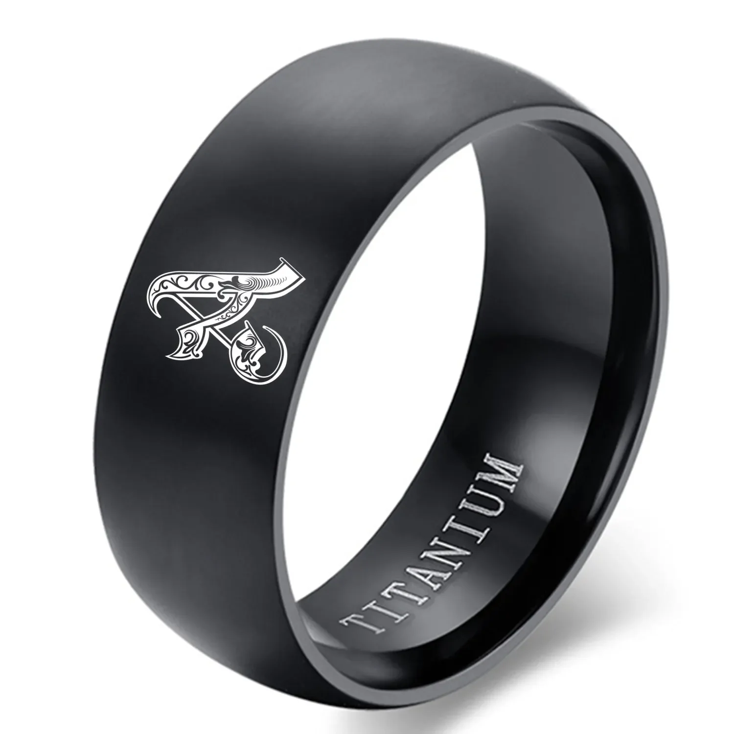 51JEWELRY 8mm Black Titanium Gothic Alphabet Ring For Men and Women Personalised Initial Ring Engrave A to Z Alphabet