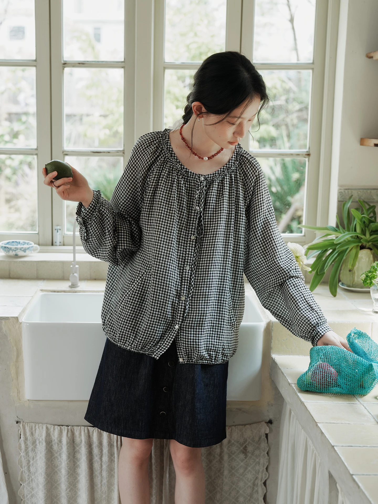 

Ultra-Thin Long-Sleeve round Neck Plaid Shirt Women's Casual Style Linen And Lyocell Blend Spring Summer Shirt by Shu Yu Shan...