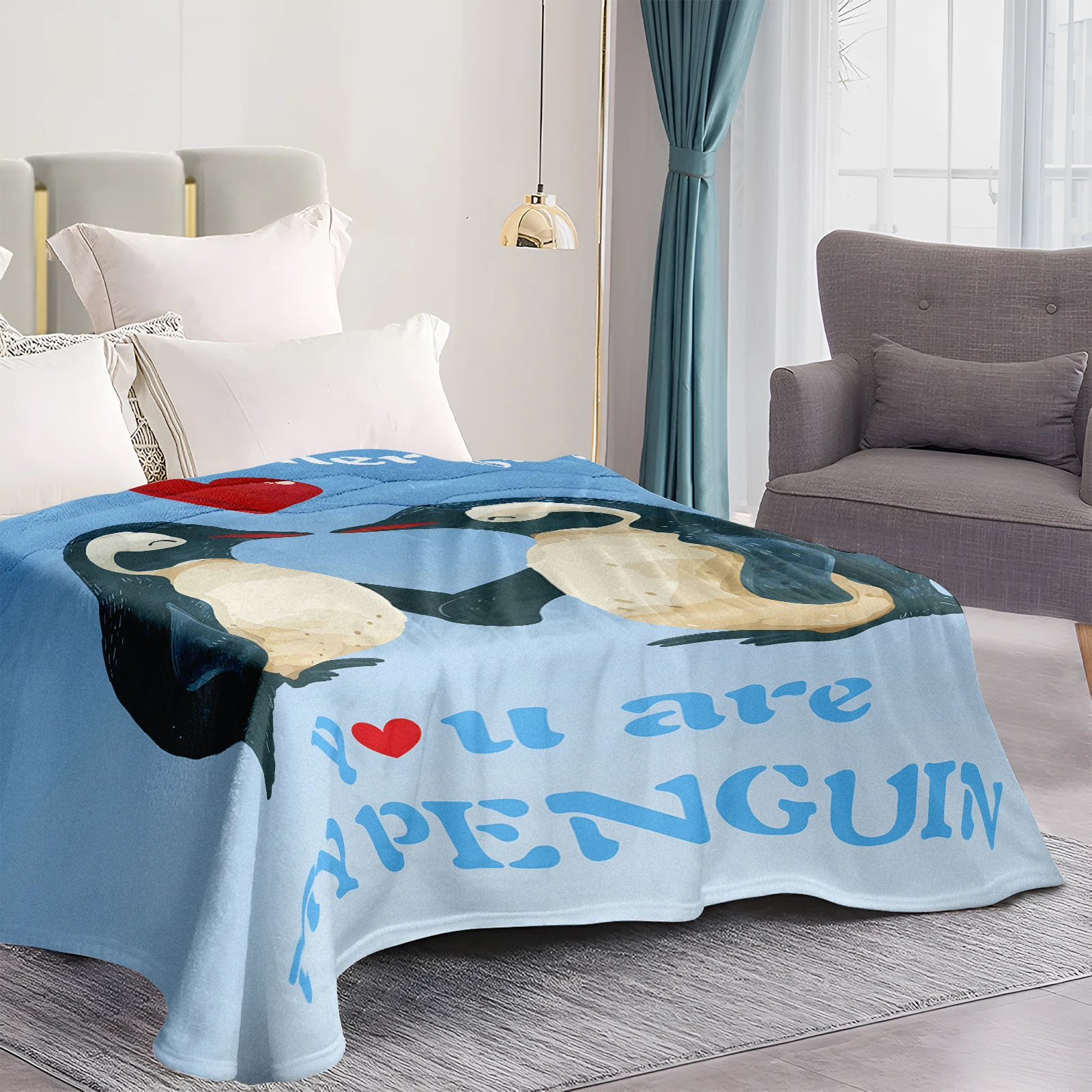 Romantic Flannel Blanket With Cute Penguins And Love Quotes Perfect For Couples To Celebrate Their Bond