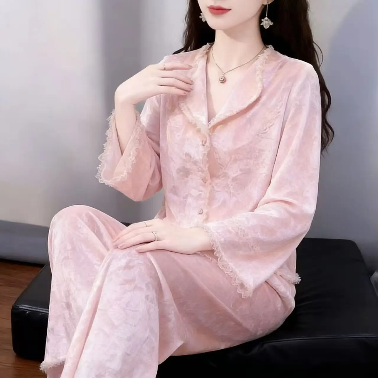 

Pajamas for Women Gold Velvet Bell Sleeves Lace Spring Autumn Winter Home Clothes Gold Diamond Velvet New Style Sleepwear