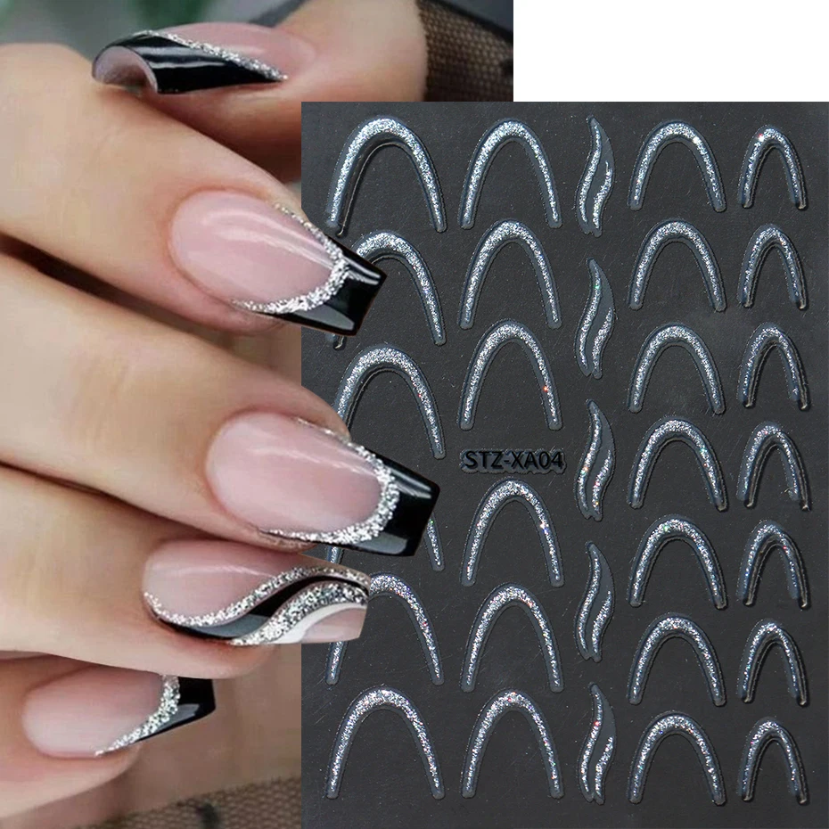 2pcs Glitter French Tips Nail Stickers 3D Silver Sparkly Wave Swirl Curve Stripe Lines Sliders Self-Adhesive Nail Supplies Decor