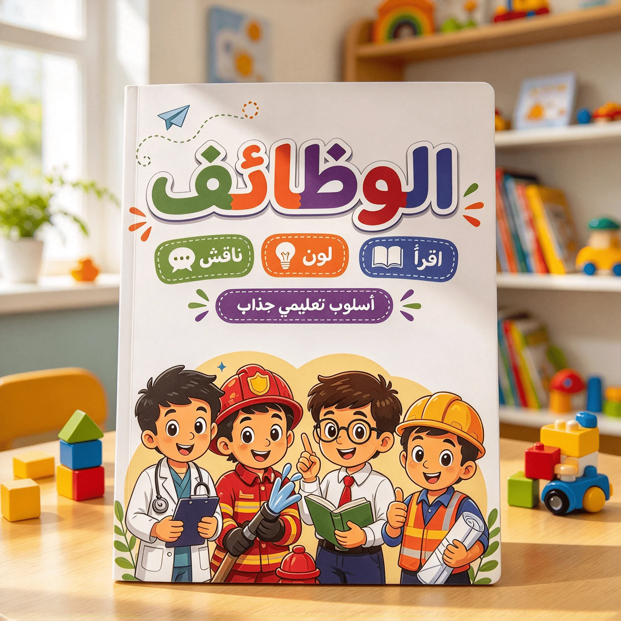 44-page Arabic-language coloring book focused on career awareness—an activity workbook for early childhood education.