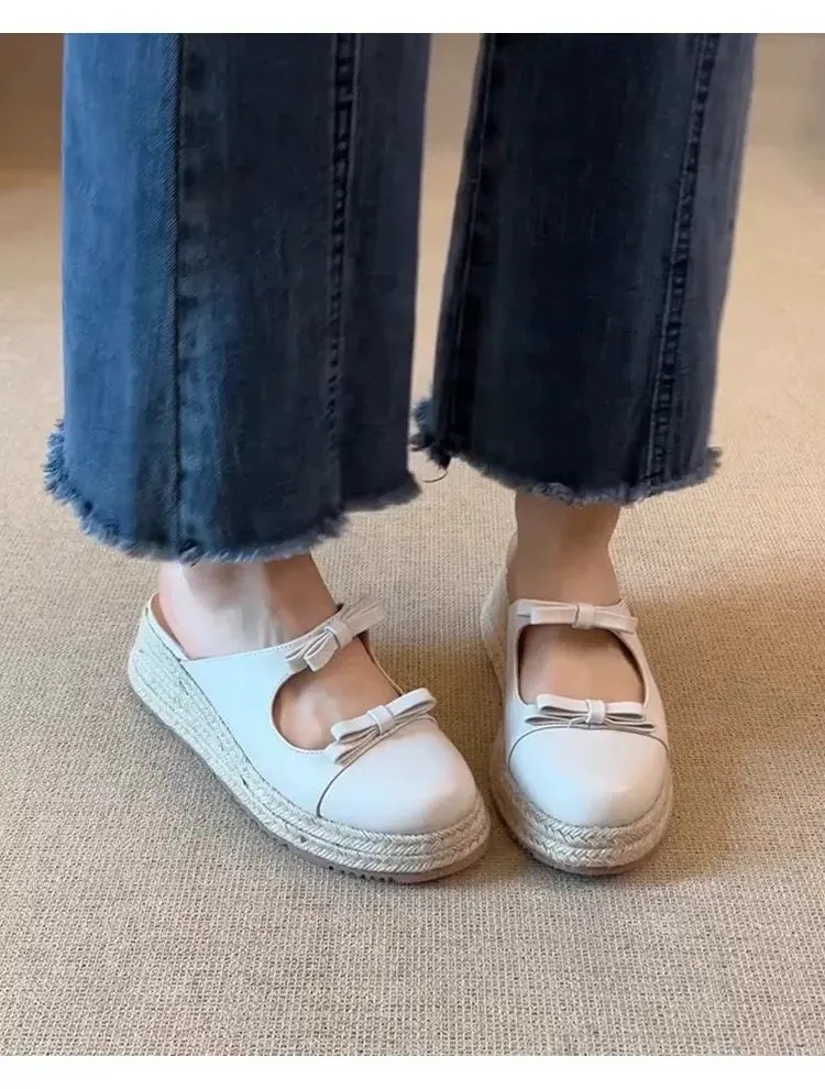 Damen Schleifen-Sandalen mit geschlossener Zehenpartie, Plateau-Espadrille-Keilabsatz, Slipper für den Sommer – Detail 5
