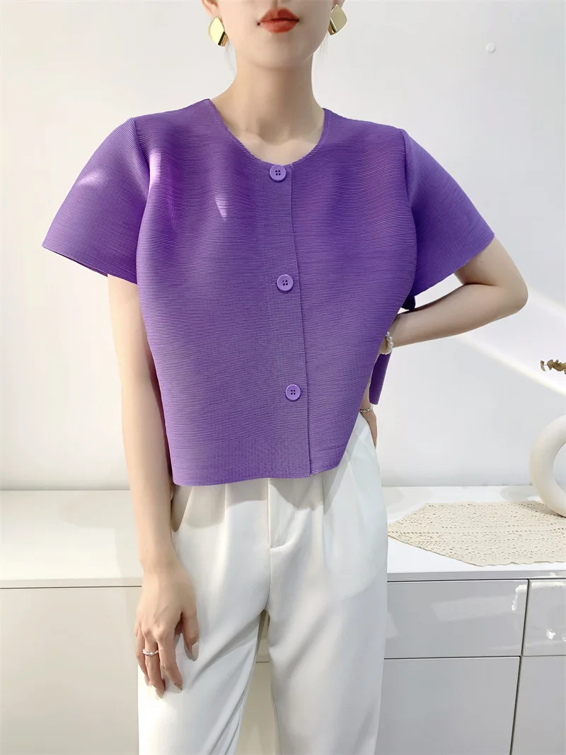 Miyake Top Women's Pleated T-shirt Short Jump Shirt 2023 Summer New Solid Color Single-Breasted Comfort and Casual Cardigan