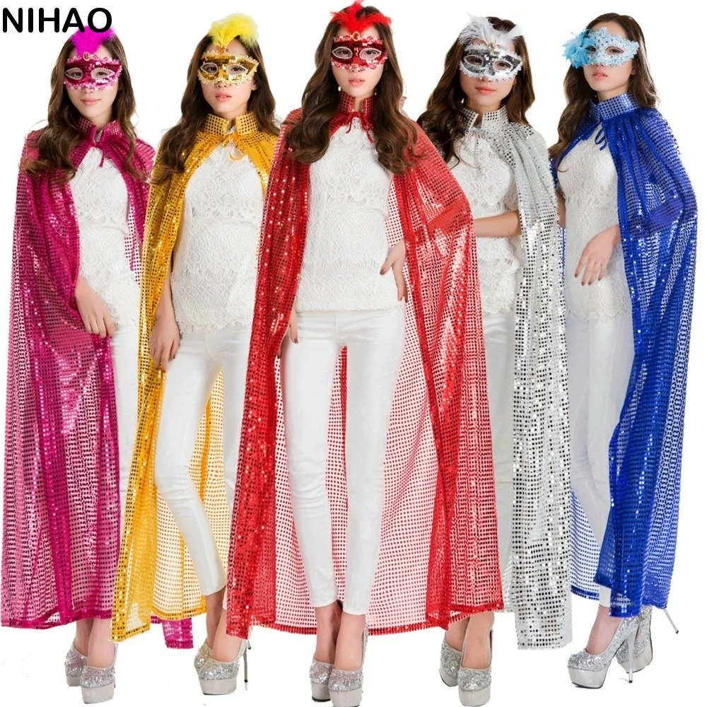 Soft Long Shiny Sequin Cape Vintage Fantasy Halloween Cosplay Robe Stand Collar Lightweight Shiny Cloak Festival