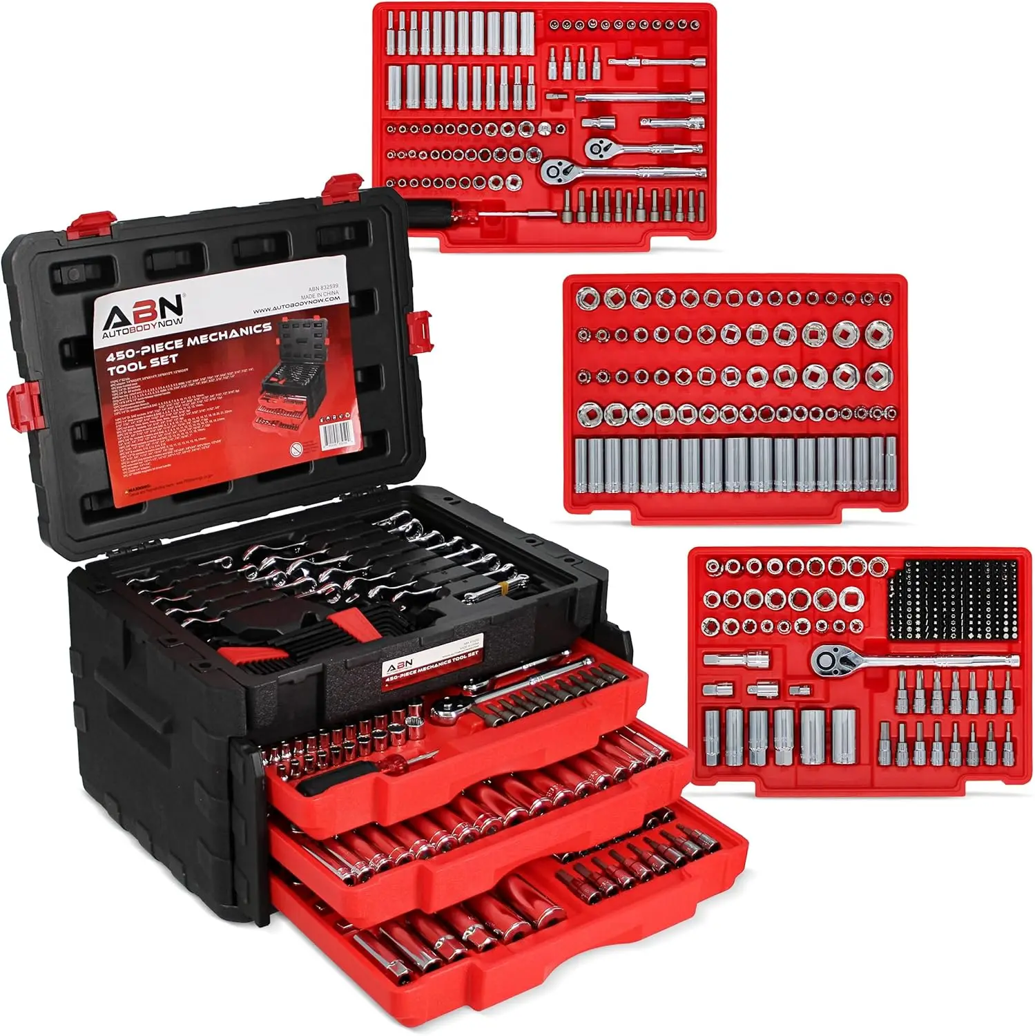 Abn 450-Piece Mechanics Tool Socket Set, ¼ In, ⅜ In., And ½ In Drive, Auto Repair Kit With Sae & Metric, Sockets, Ratchets,