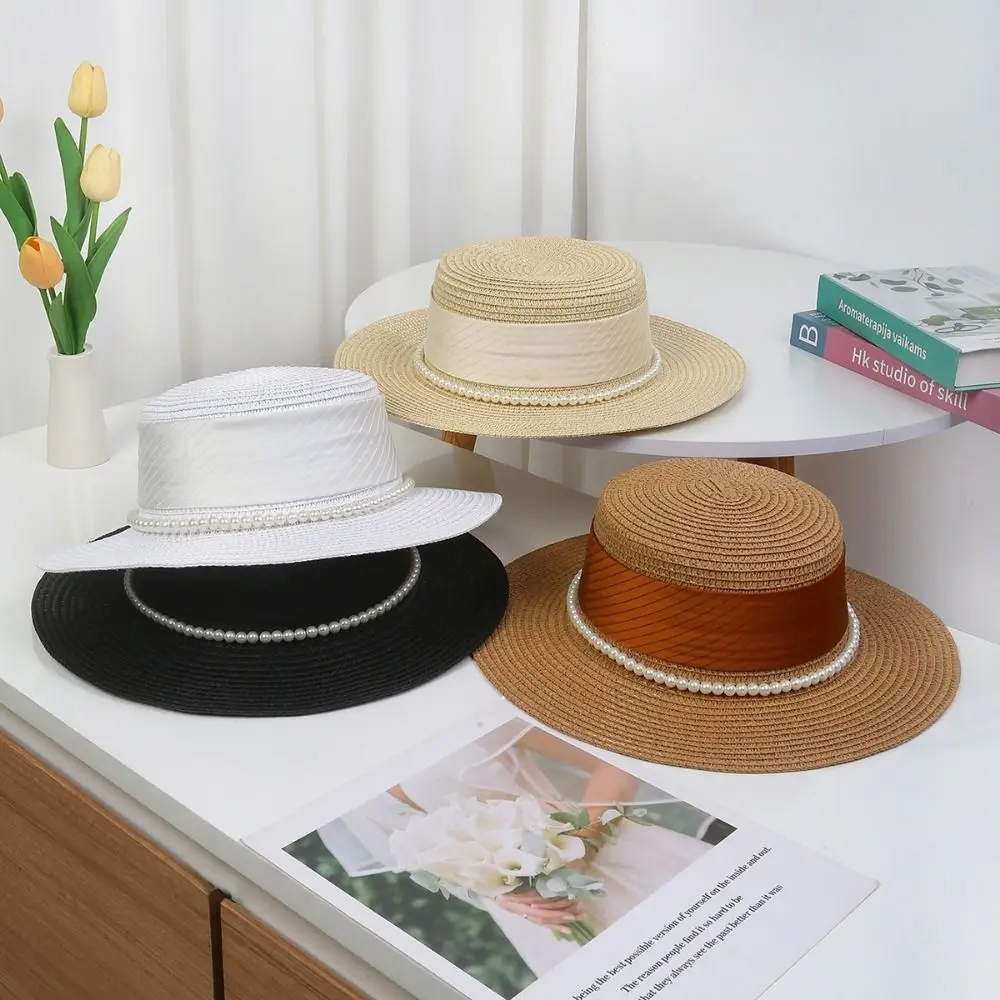 

UV Protection Wide Brim Straw Hat Pearl Chain Breathable Flat Sun Cap Straw Weaving Lightweight Women's Fisherman Hat Beach