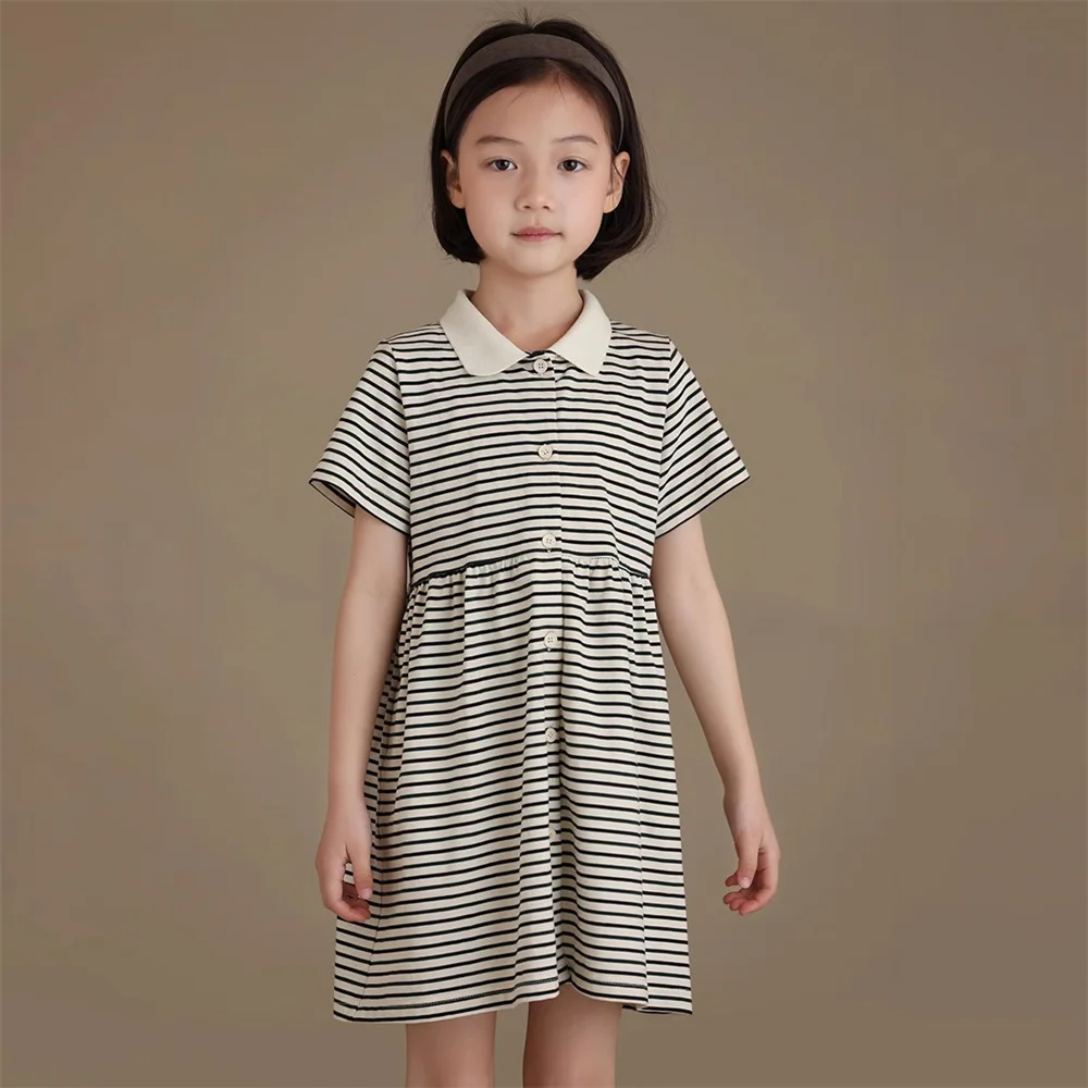 

Summer Stirped Dresses for Girls Short Sleeve A Line White Vintage Lapel Kids Dress Teen Party Vestidos Clothing for Girl 4-14y