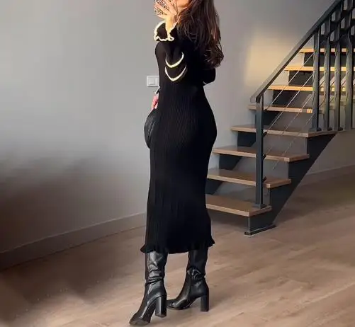 

Women's Dress 2025 Spring/autumn New Elegant Sexy Casual Style Unique Color Blocked Long Sleeved Button V-Neck Fake Pocket Dress