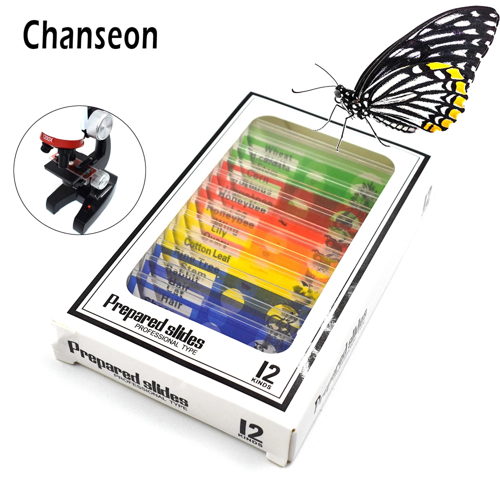 Chanseon 12pcs/Set  Plastic Slides Biological Specimen with  for Children Student Microscope Enlighten Education