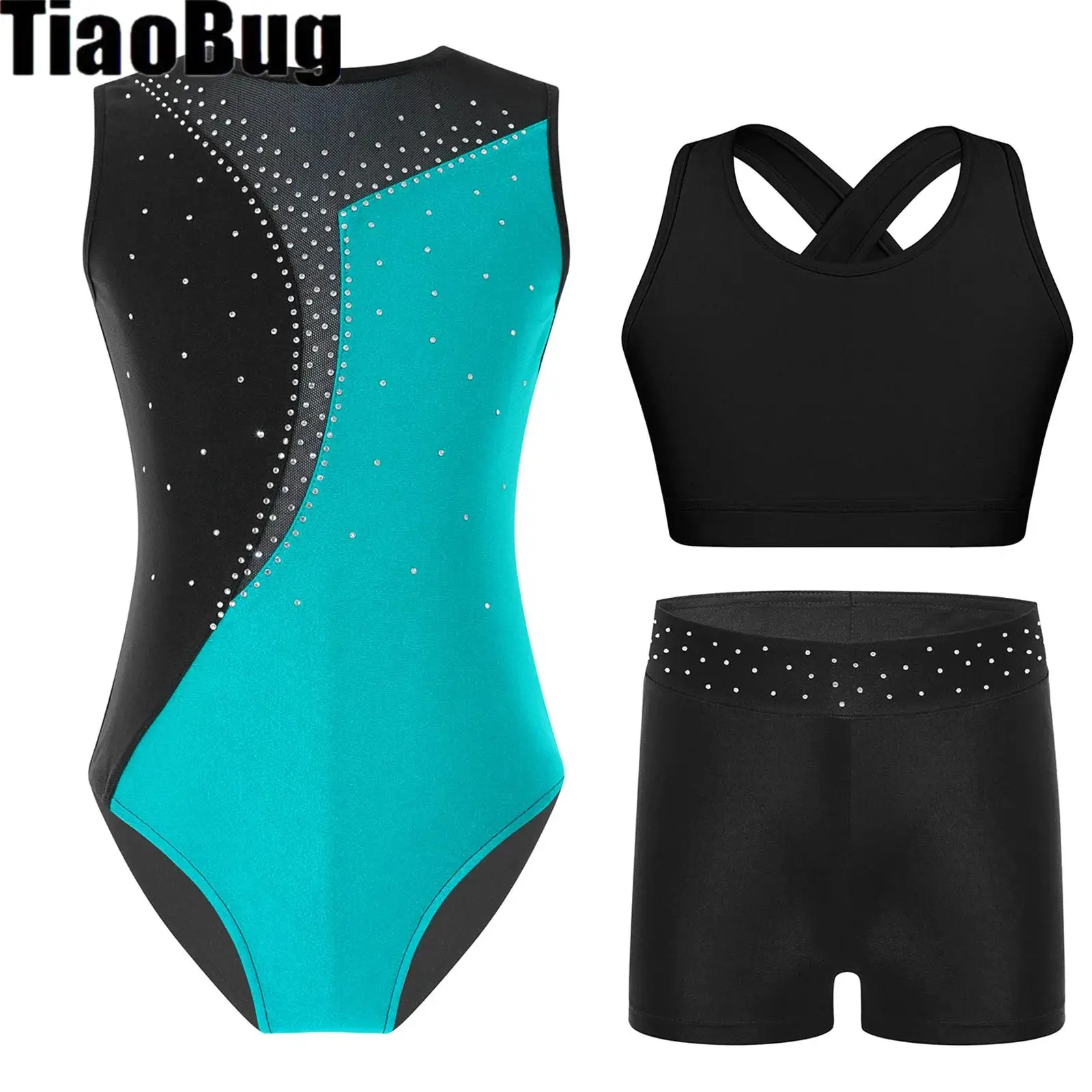 

Girls 3Pcs Sleeveless Shiny Rhinestone Dance Leotards And U Neck Shoulder Straps Cross at Rear Keyhole Back Bra Top with Shorts
