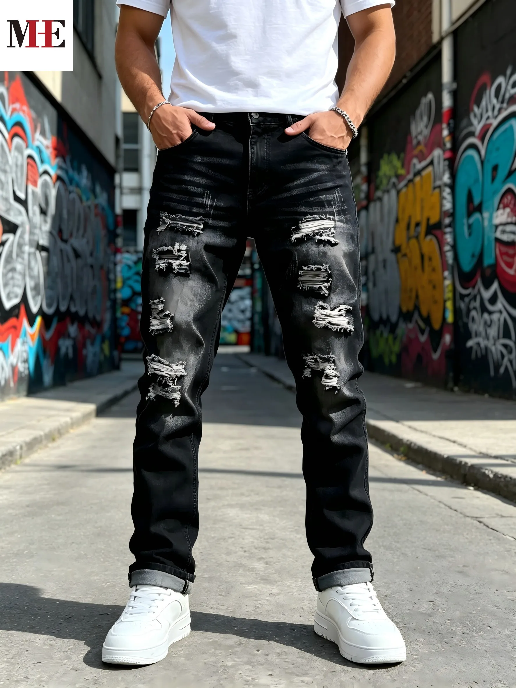 【HME】Men's Jeans | Black Grey Snow Wash Loose Straight Denim Pants with Multi-Layer Frayed Ripped Holes, Stretch Soft Anti-Fade vintage Dark Wash Denim Fabric, Y2K Street Distressed Men's Casual Denim Pants.