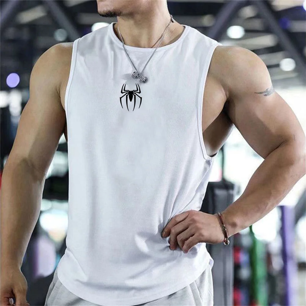 Spider Print Mens Bodybuilding Sleeveless Casual Hip Hop T-shirts Summer Cool Breathable Cotton Gym Fitness Muscle Tank Tops