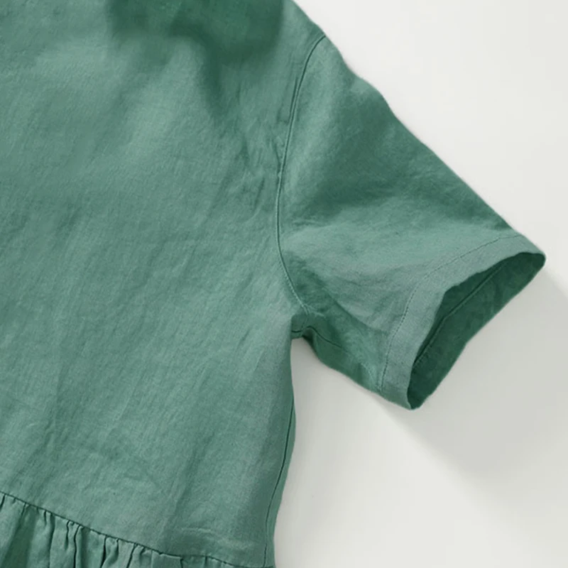 시크한 코튼 리넨 원피스 여성용 반팔 단색 원피스 O넥 빈티지 캐주얼 선드레스, 휴일 여행 의상, 2024 여름