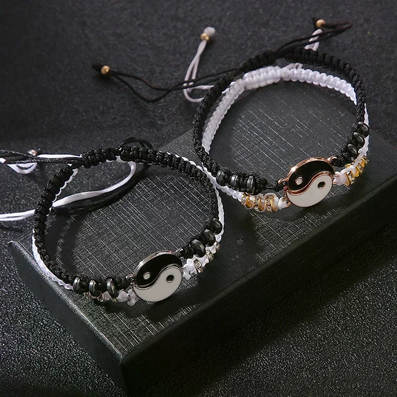 Tai Chi Yin Yang Couple Jewelry Set, Adjustable Braid Chain, Bracelet, Necklace, Matching Choker, Pendant for Lovers, 2Pcs