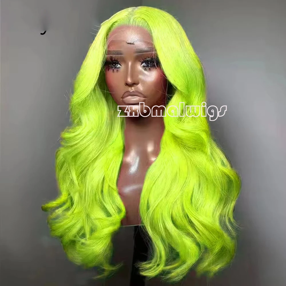 Neon Green Yellow Synthetic Hair Body Wave 13X4 Lace Front Wigs  Wavy for Women Pre Plucked  Lace Wig Cosplay Party Heat Fibe