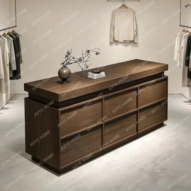 XXWalnut colored clothing women's clothing store cashier, small painted bar counter, front desk reception