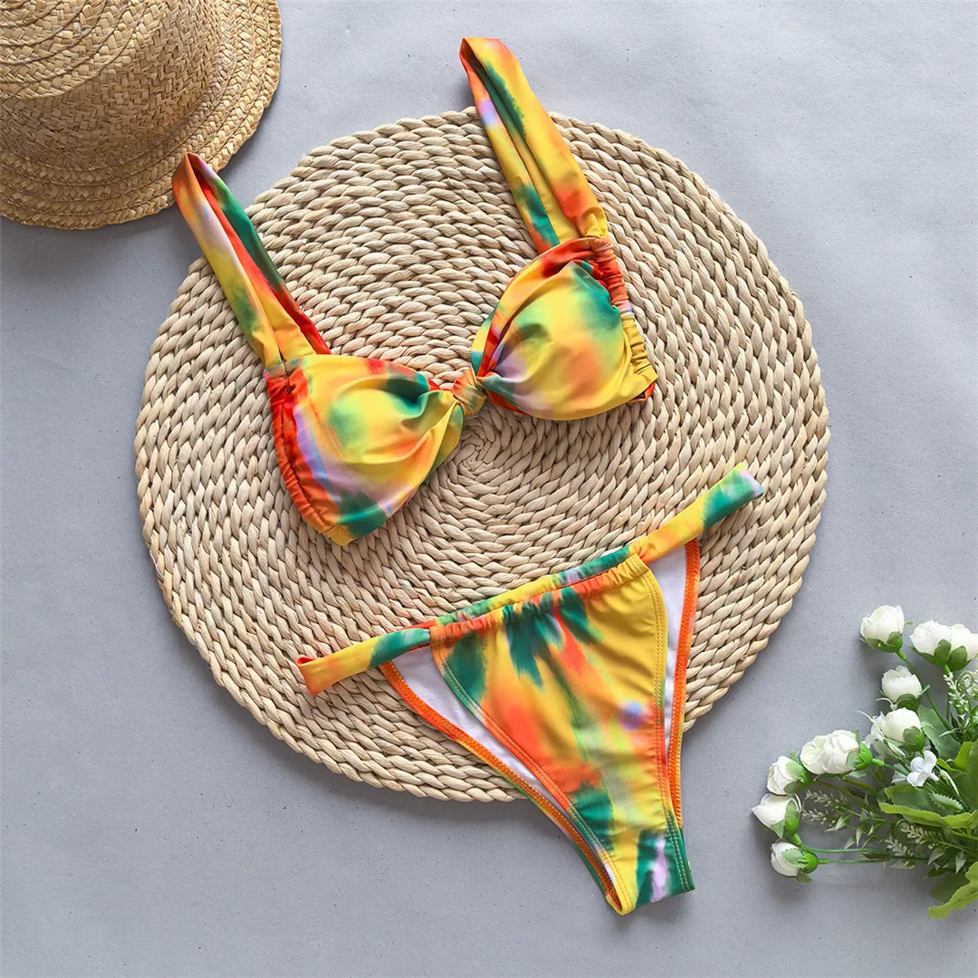 Bikini mit Blumenmuster im Tie-Dye-Stil, hoher Beinausschnitt, zweiteiliger Badeanzug für Damen, Badebekleidung, Badeanzug, Schwimmanzug V5842 – Detail 7