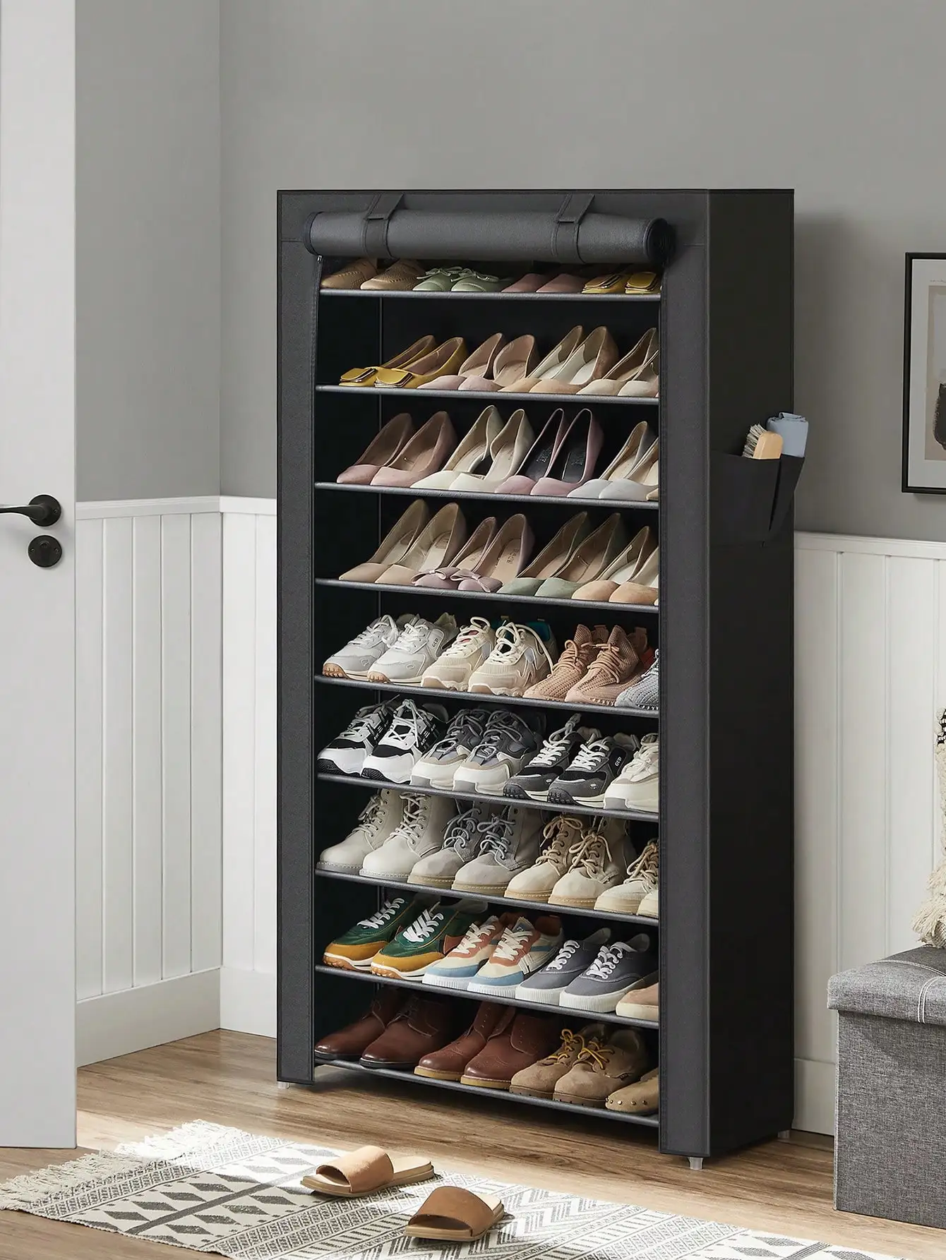 SONGMICS 10-Tier Shoes Rack:28x88x160cm Dustproof Cover,Holds 40-50 Pairs,Shoe Storage Cabinet,Organiser,Living Room,Hallway