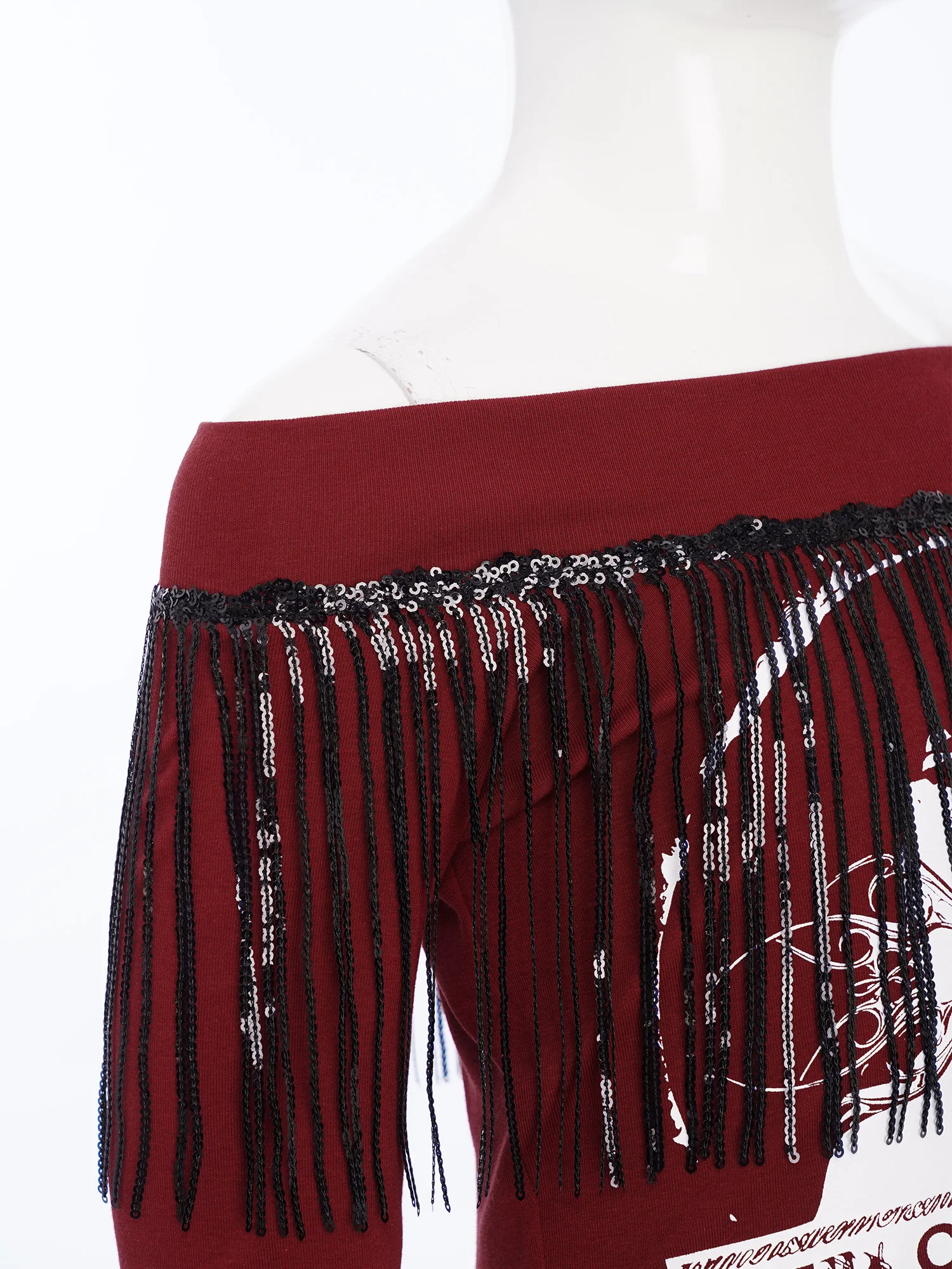 Kinderen Meisjes Hiphop Jazzdans Kostuum Glanzende Pailletten Kwasten Gedrukt Top Off-Shoulder Katoen Lange Mouw Mode streetwear