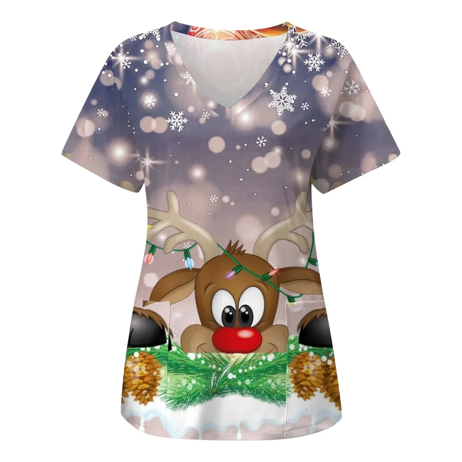 クリスマス臨床ユニフォーム女性サンタクロース漫画プリント歯科スクラブトップス V ネック半袖ポケット付きナースユニフォーム女性