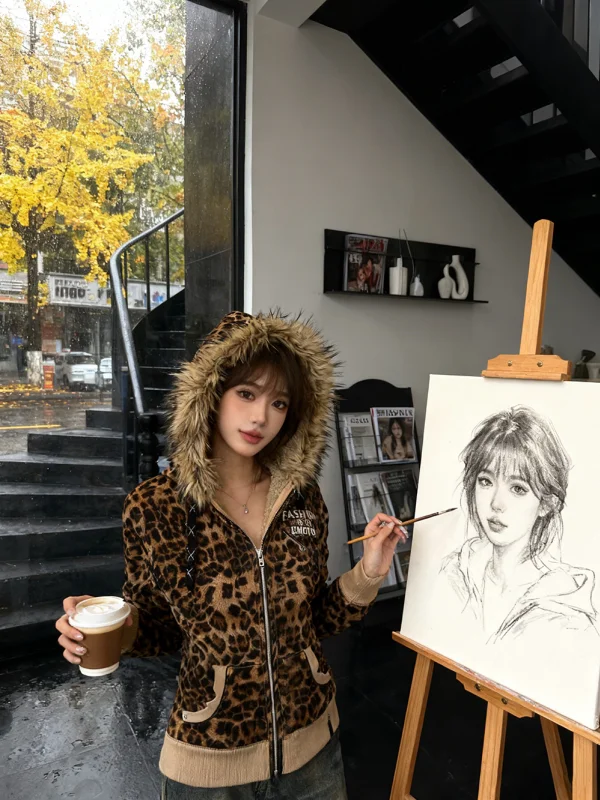 

Retro Leopard Print Fce Lined Hooded Sweatirt Women's ort American Sle Slim Fit Cardigan Coat Winter New Arrival