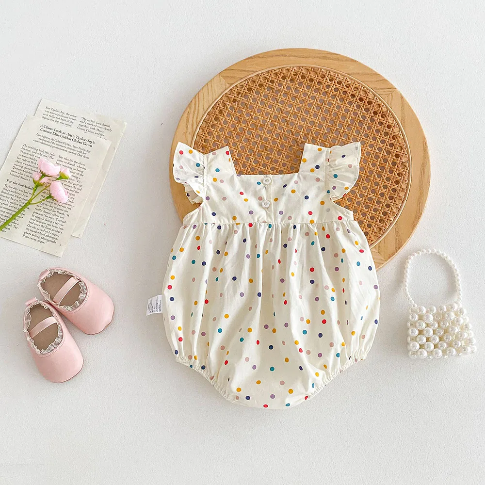 MILANCEL 0-2Y Summer Baby Girls Clothes Colorful Dot Baby Girls One Piece Flower Embroidery Bodysuit