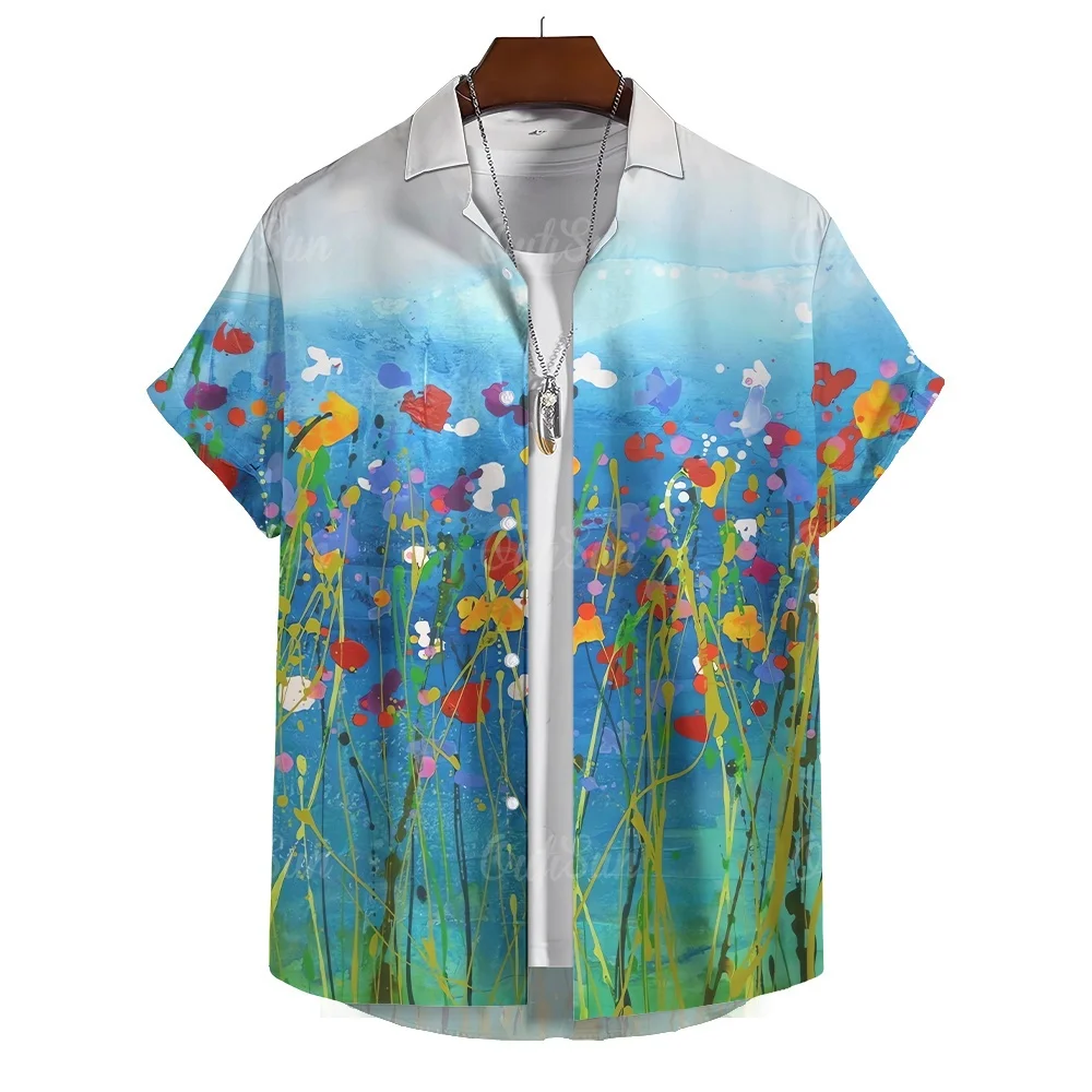 

Summer Fashion Oil Painting Floral Print Men's Casual Short Sleeve Shirt Tops Hawaii Seaside Vacation Travel Men's Oversized Top