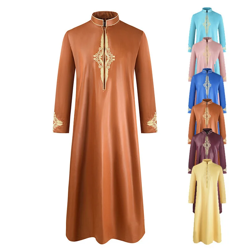 

2024 Summer New Men's Robe Solid Color Embroidered Loose Middle East Muslim Long Sleeve Long Robe Muslim Fashion