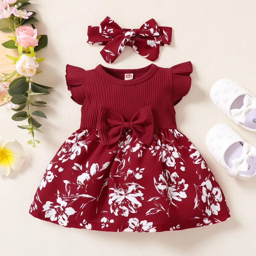 

2PCS Summer Princess Dress for Toddler Girl 0-2Year Short Sleeved Flower Big Bow Dress+Headband Clothes