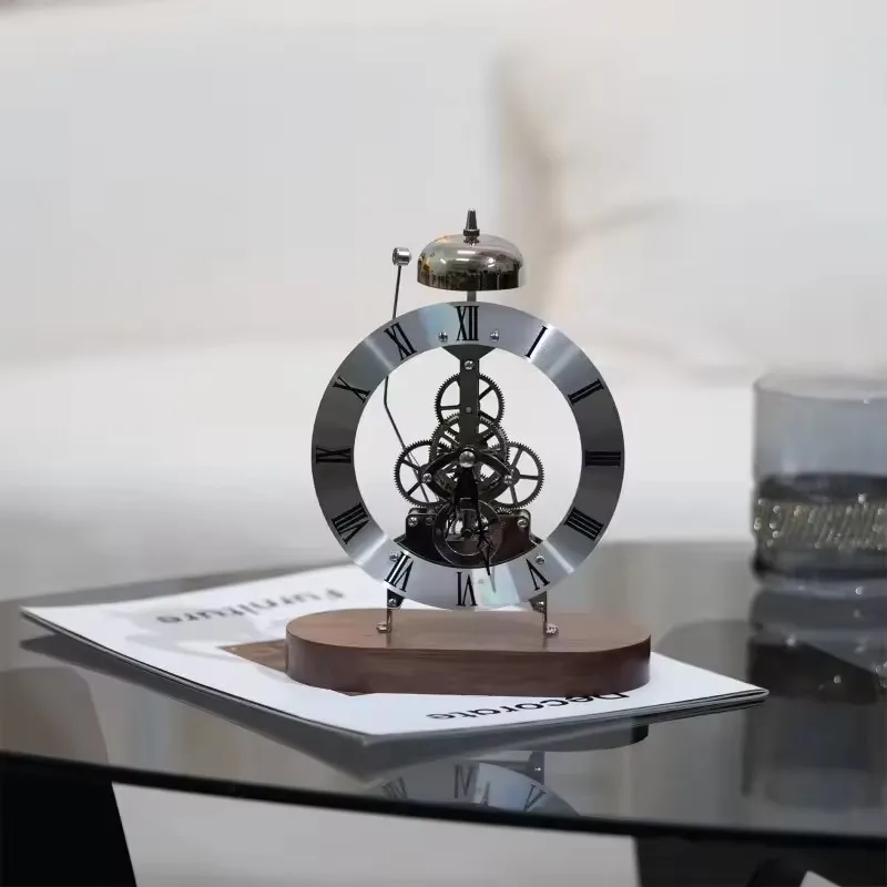 Luxury Black Walnut Solid Wood Base Creativity Light Seat Clock Perspective Mechanical Movement Study Living Room Table Clock