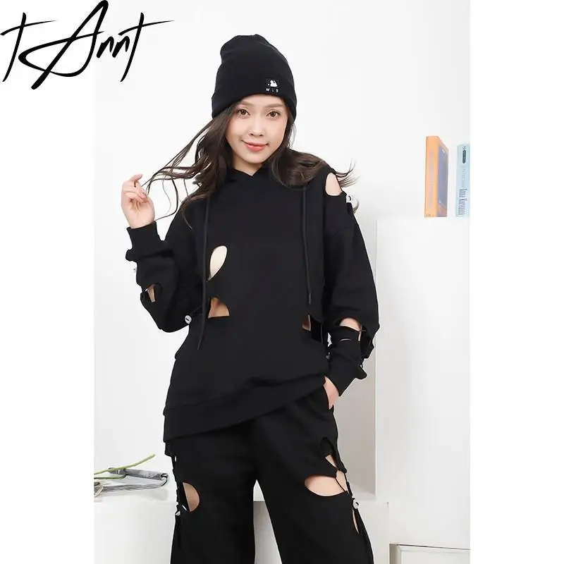 Tannt Women Hoodies Holes Asymmetry Hollow Out Pullovers Sweatshirt Coat Irregular Black Hooded