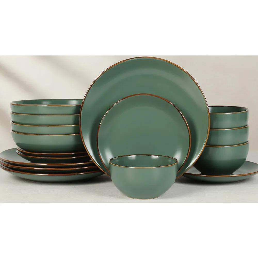 

Modern Stoneware 16-Piece Dinnerware Set for 4, Green Plates and Bowls, Dishwasher & Microwave Safe
