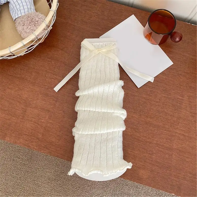 

195E Women Sun Protective Fingerless Gloves Solid Color Bowknot Ruffled Trim Arm Leg Warmers Ribbed Knit Arm Leg Sleeves