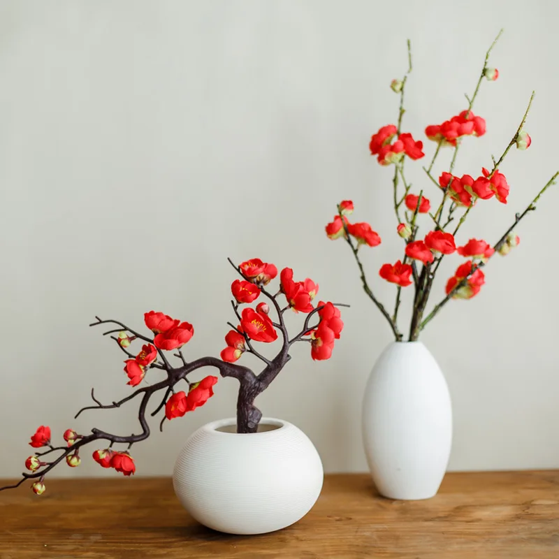 

HF Plum Blossom Artificial Flowers High Quality Branch 1Pcs Fake Flowers Burgundy 1Pc Vase Decorations for Home Flores