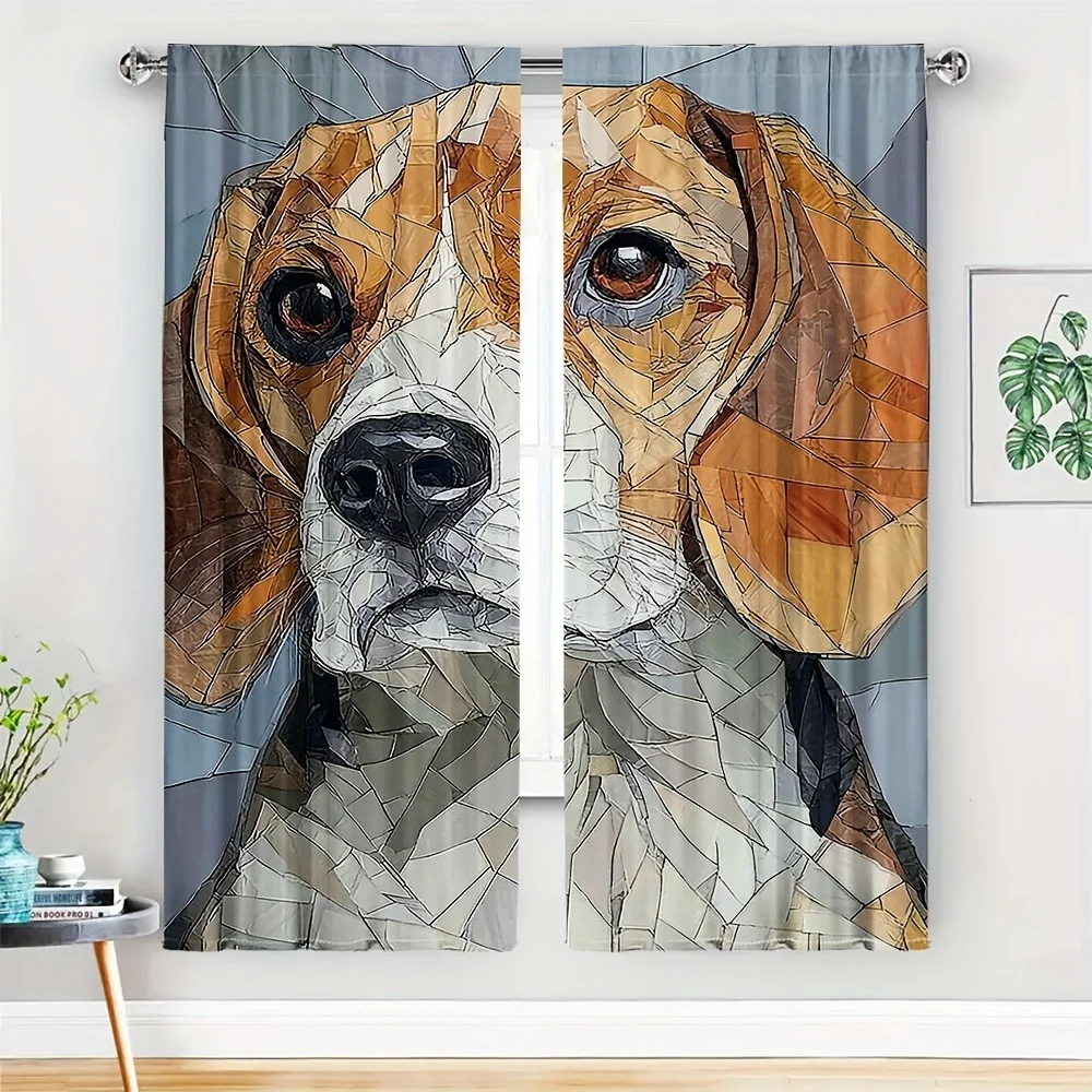 2pcs Low-Poly Beagle Curtains No Rod Faceted Digital Portrait Teal Gray Blackout for Living Room Bedroom Art Decor Pet Home