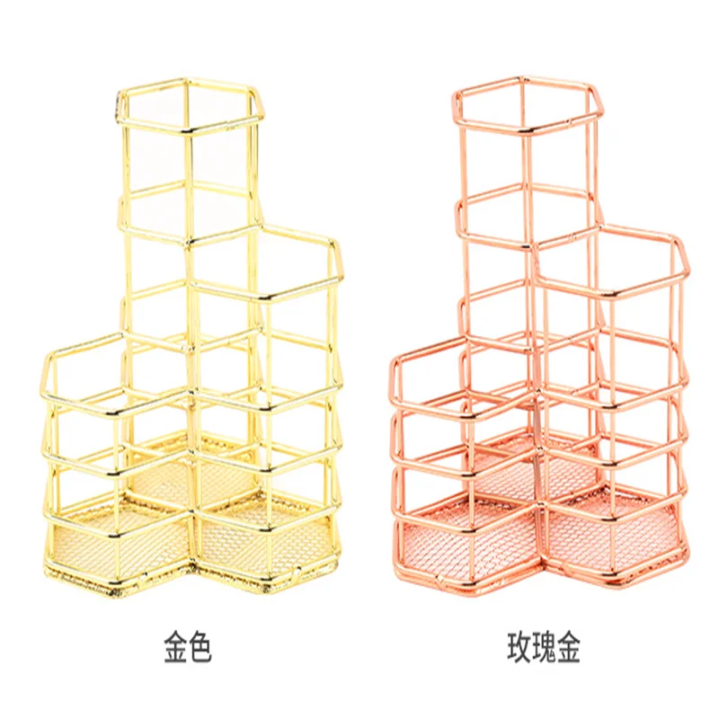 Nordic Golden Tight Welding Iron Hexagonal Pen Holder Desk Organizer Simple Desktop Makeup Brush Stationery Storage Easy To Use