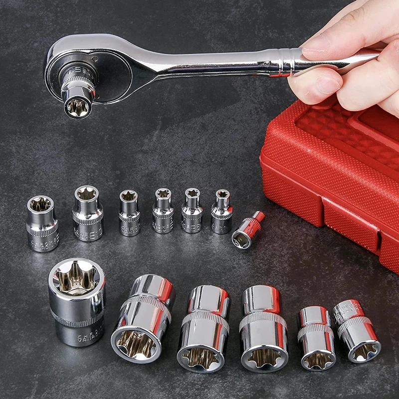 14Pcs E-Torx Star ชุดซ็อกเก็ตหญิงภายนอก Star E4-E24แรงบิดชุดซ็อกเก็ต1/4 "3/8" 1/2 "อะแดปเตอร์