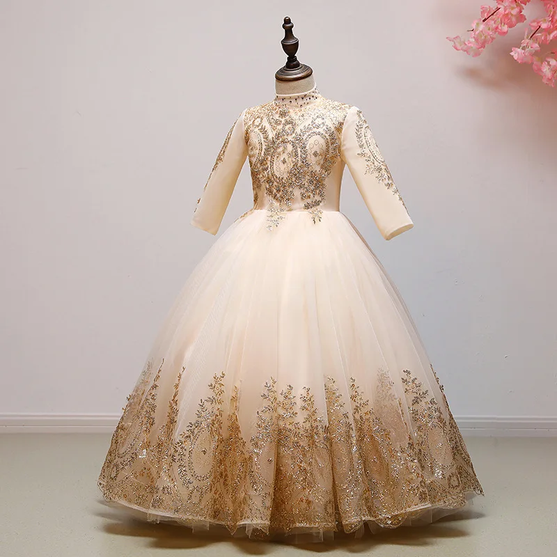 Elegant Girl Dresses Gold Sequin Lace Prom Princess Formal Dress Long Sleeve Flower Girl Dress Pageant Party Wedding Ball Gown