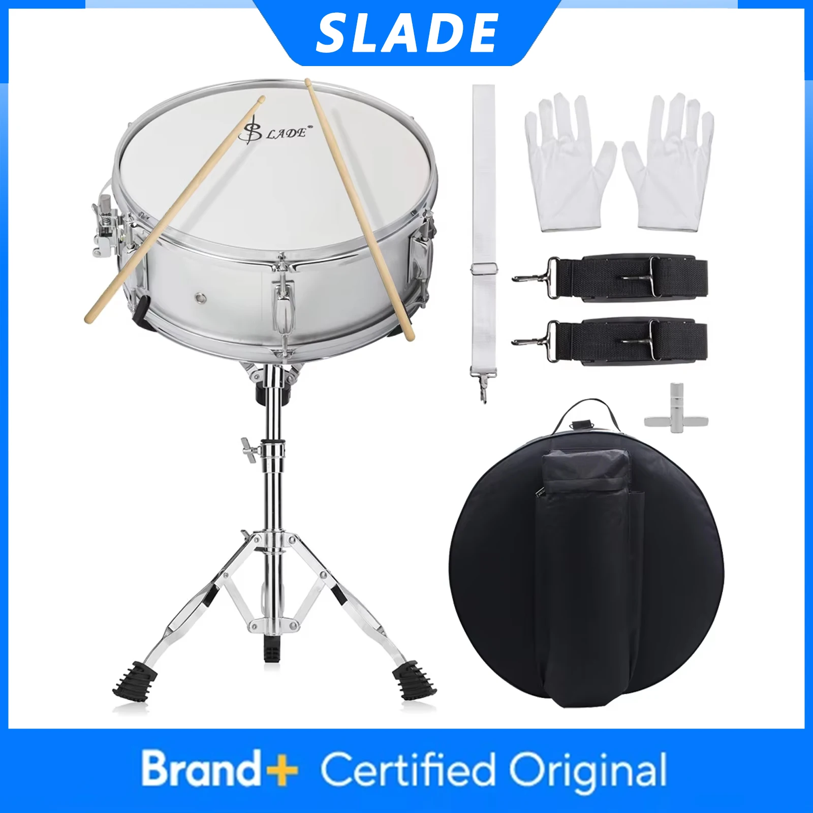 

SLADE 14 Inch Snare Drum Set with Stand Bag Copper Snare Drum For Beginners Practice Professional Metal Percussion Instrument