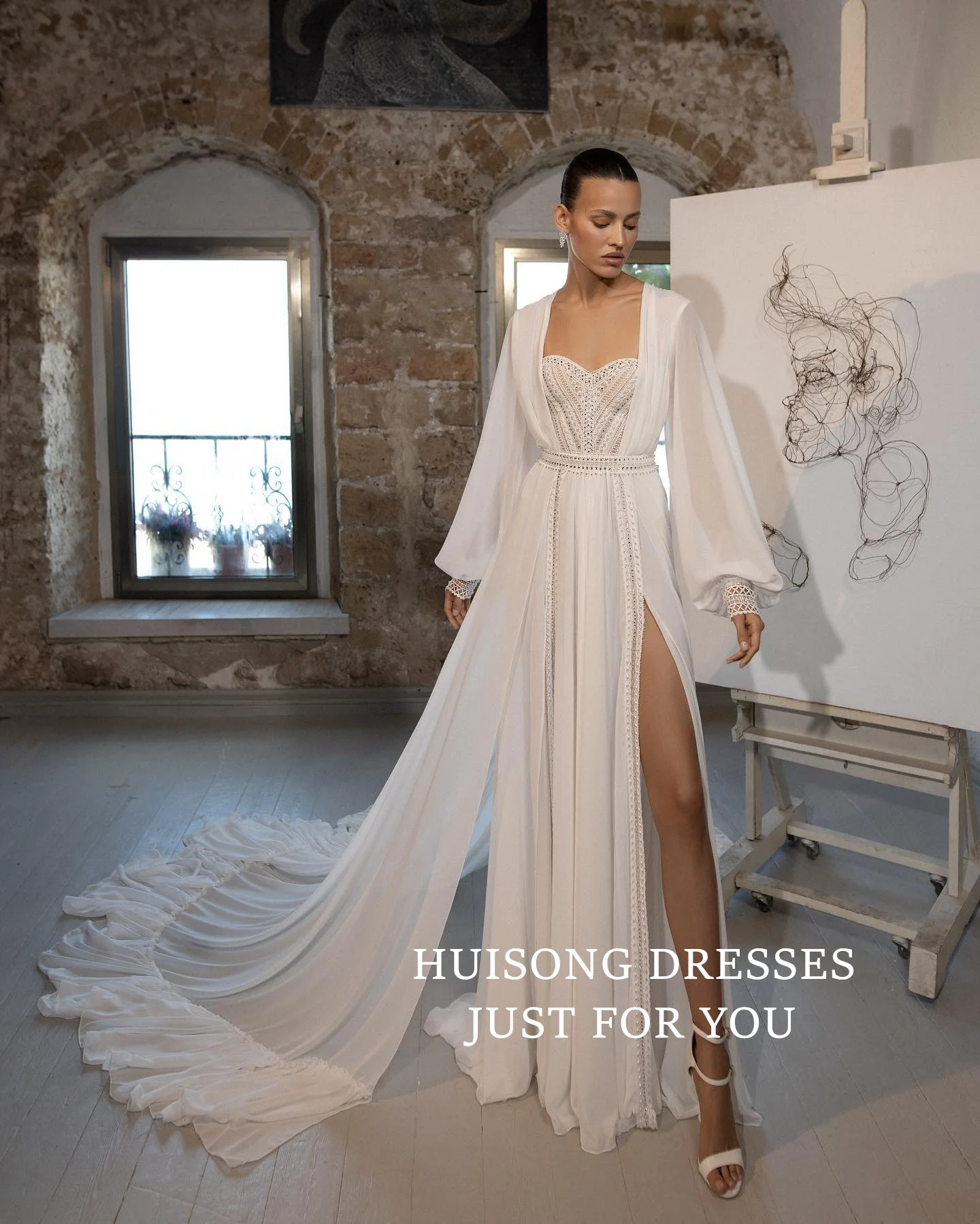 

HUISONG Customized Boho Chiffon Wedding Dresses Sweetheart Long Sleeves Side Split A-Line Beach Bridal Gown שמלת כלה
