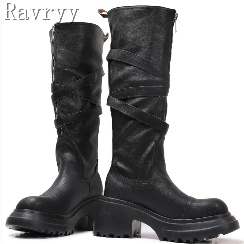 

Designer New Thick Soled Front Zipper Knight Boots Women Winter Fashion Round Toe Platform Belt Buckle Knee High Boots