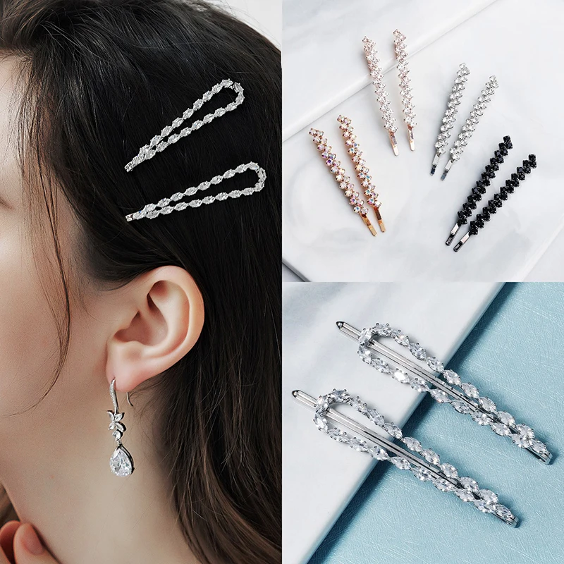 2 pcs/Set Women Fashion Crystal Hair Clips Headwear Jewelry Hair Accessories for Girls Luxury Pearl Rhinestone Barrettes Pins